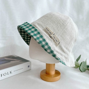 100% Linen Summer Bucket Hat, Women&#39;s Linen Checkered Bungy Summer Hat, Gift for her