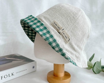 Linen Summer Bucket Hat: Checkered Bungy Sun Hat