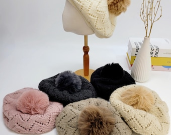 9758 Women French Beret Hat Beanie Glovess Winter Knit Knitted Warm Wool Women French Beret Hat Winter Warm Knit Knitted Beanie Wool  main image 4