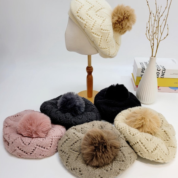 Wool Alpaca Beret with Pom, Women's Winter Knit Hat