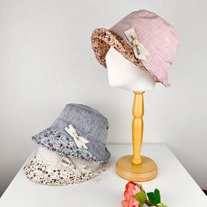 100% Linen Summer Bucket Hat, Women&#39;s Linen Floral Bungy Summer Hat, Gift for her