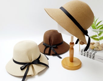 Elegant Wide Brim Beach Hat with Ribbon, Stylish Vacation Beach Hat, Summer Hat, Gift for her
