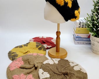 100% Wool Knitted Beret, Colorful Winter Beret
