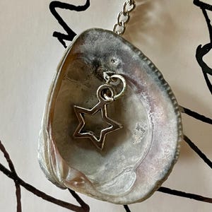 May include: A silver keychain with a star charm inside a seashell. The seashell is a light brown color with a pink hue.