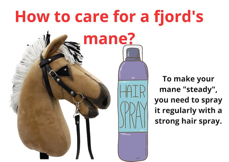 Pu&ograve; includere: Una testa di cavallo di peluche marrone e bianca con un morso e redini nere. La criniera del cavallo &egrave; acconciata con una frangia bianca e nera. Una bomboletta spray per capelli viola con un'etichetta blu che dice "HAIR SPRAY" &egrave; accanto al cavallo. Il testo "Per rendere la tua criniera "stabile", devi spruzzarla regolarmente con una lacca forte." &egrave; sotto il cavallo e la bomboletta spray.