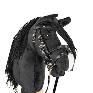 Black Hobby Horse with White Blaze, Realistic Handmade Stick Horse Toy, Equestrian Gift for Kids & Teens, Ride on Fun, Black stick horse