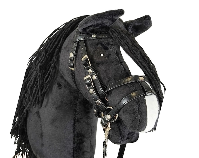 Black Hobby Horse with White Blaze, Realistic Handmade Stick Horse Toy, Equestrian Gift for Kids & Teens, Ride on Fun, Black stick horse