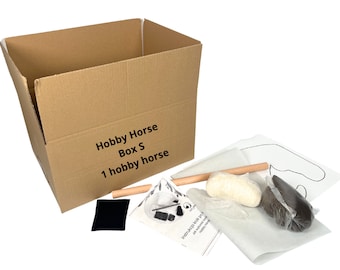 Hobbypaardenkist, doe-het-zelf hobbypaardenpakket, maak je eigen stokpaardje, paard op stok diy, doos S voor 1 stokpaardje, stokpaardje, maat A4, maat A3