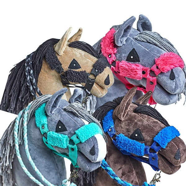Fur halter for hobby horse, lead hobbyhorse, fur halter with lead, hobbyhorse bridle, colorful halter, realistic halter, lead optional