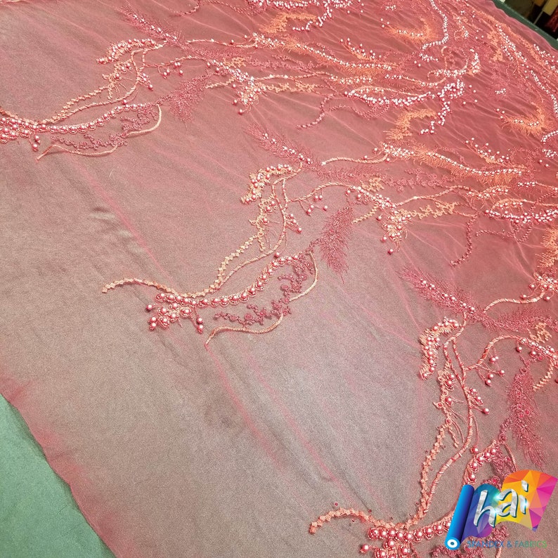 Burgundy Elegant Embroidery lace Shimmering Pearls Beads Sequin on stylish one way pattern over a Mesh Fabric Haute Couture Fabric