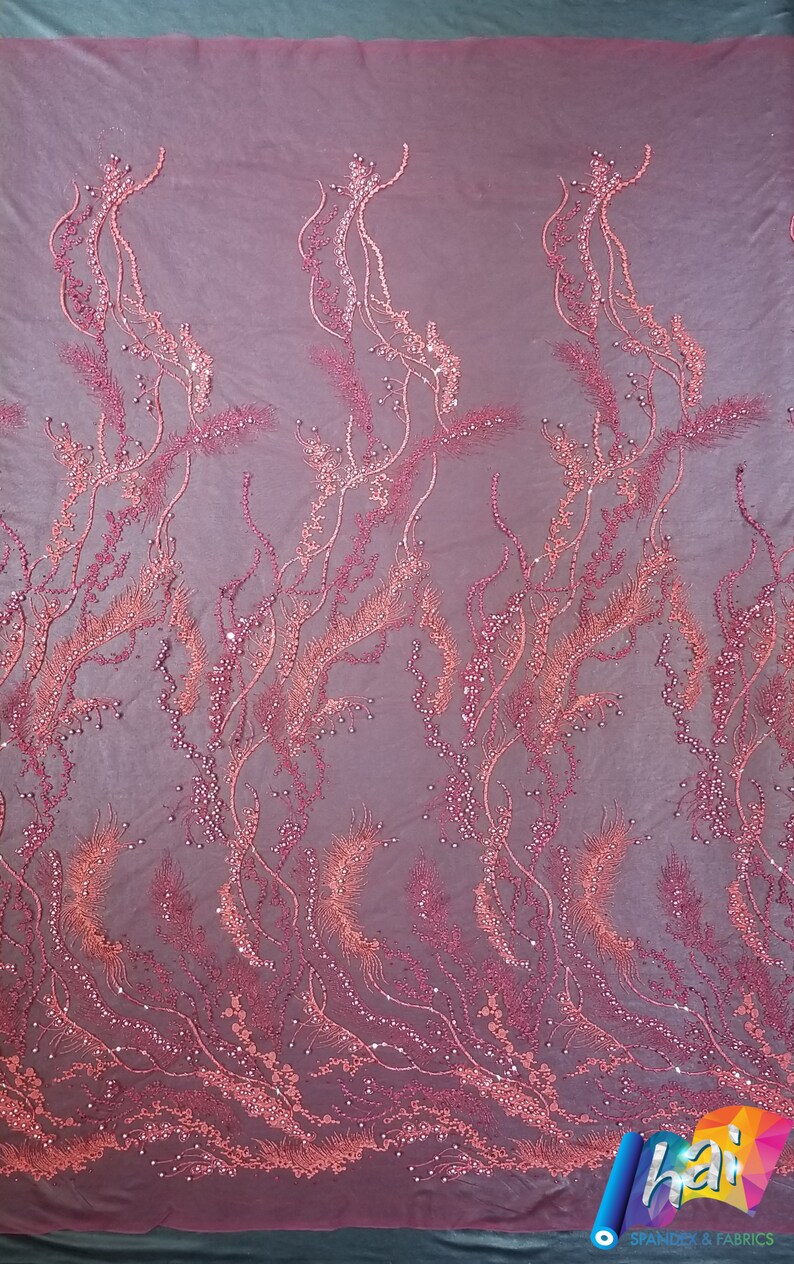 Burgundy Elegant Embroidery lace Shimmering Pearls Beads Sequin on stylish one way pattern over a Mesh Fabric Haute Couture Fabric