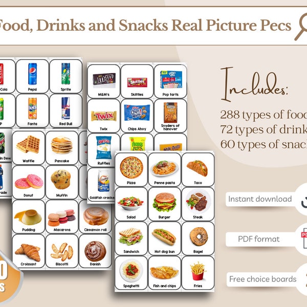 Juego de tarjetas con imágenes reales de alimentos, bebidas y refrigerios (420 tarjetas) / Ayuda visual para el autismo / Terapia del habla / Herramienta no verbal / Vocabulario alimentario