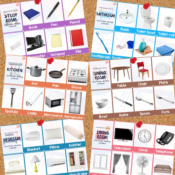 Ensemble de cartes de mots-images imprimables pour les articles ménagers (48 cartes) | Flashcards Ménage | Flashcards éducatifs | École à la maison | Préscolaire | Prématernelle