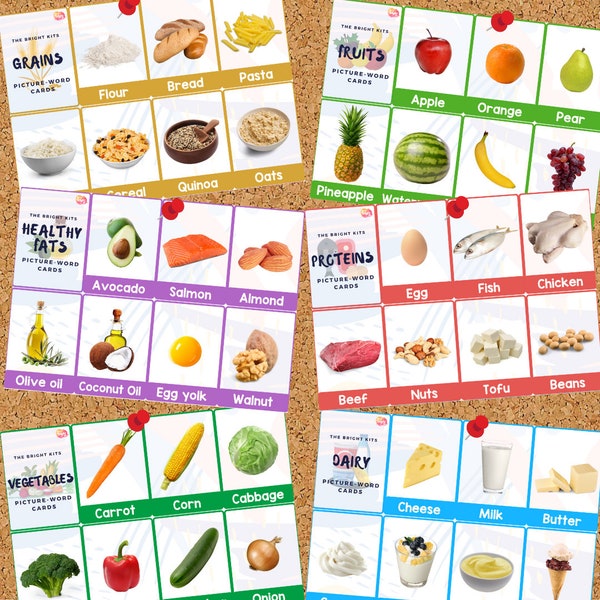 Conjunto de tarjetas imprimibles con imágenes y palabras de grupos alimentarios (48 tarjetas) / Tarjetas didácticas de alimentos / Conjunto de tarjetas didácticas educativas / Educación en el hogar / Preescolar /Pre-K