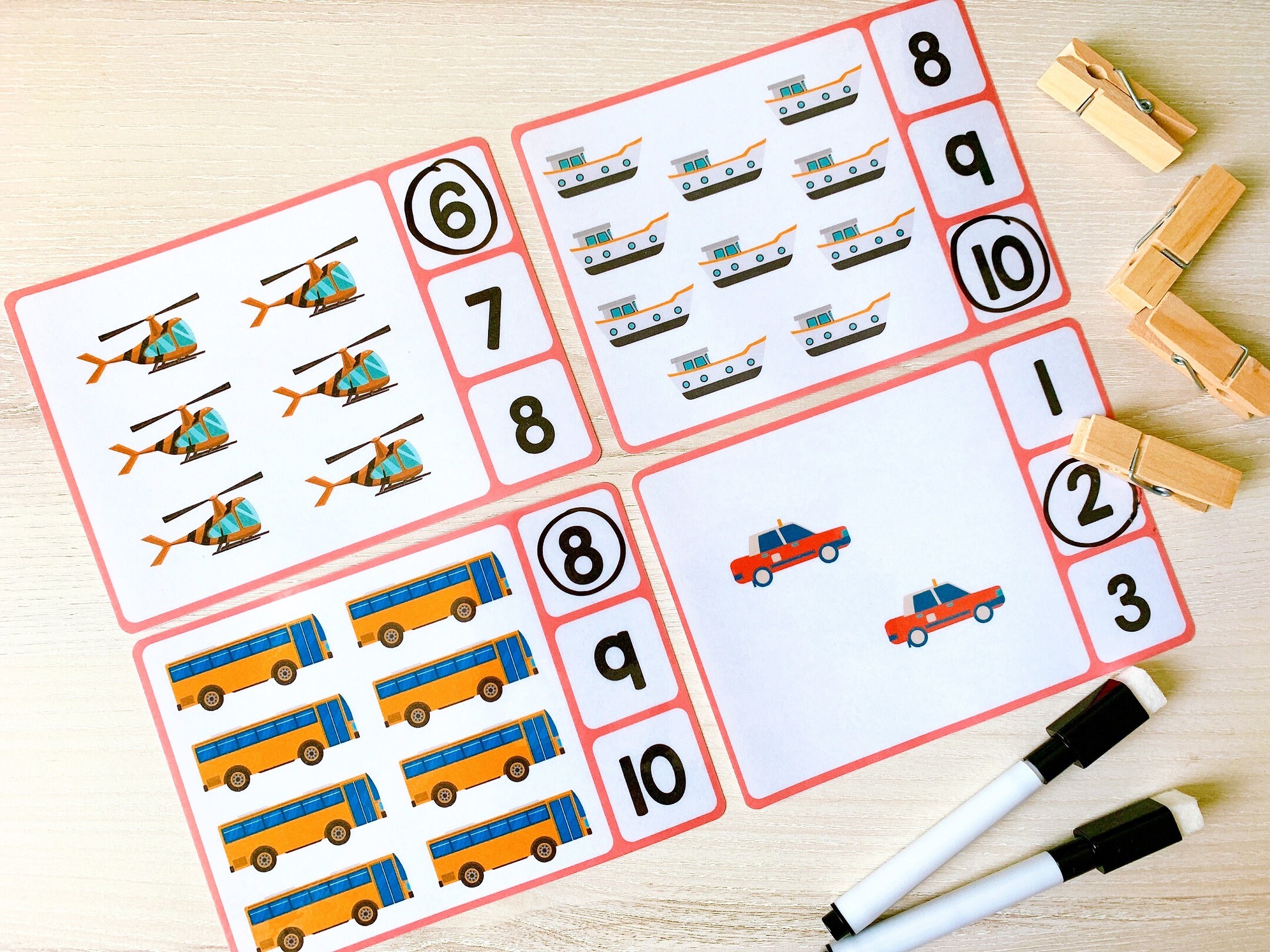 Transport Druckbare Zählkarten Karten Set (1-10) | Steckkarten | Frühes