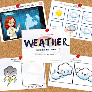 May include: A colorful printable worksheet for kids to learn about weather. The worksheet features a cartoon weather forecast and a matching game with different weather icons. The text on the worksheet says "How is the weather today?" and "Weather Recognition".