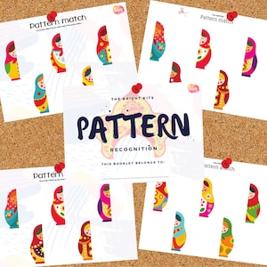May include: A printable activity booklet for kids featuring a pattern recognition game with colorful Russian nesting dolls. The booklet title is "The Bright Kits Pattern Recognition".