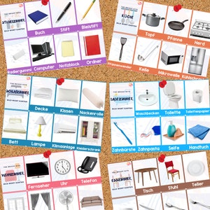 Cartes graphiques imprimables pour articles ménagers en allemand (48 cartes) | Flashcards ménagers | École à la maison | Préscolaire | Préscolaire