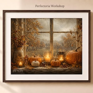 May include: A framed wall art print titled Perfectoria Workshop featuring a rainy window view of an autumn landscape. The windowsill displays a rustic pitcher, three orange pumpkins, one white pumpkin, and two lit candles in glass holders.