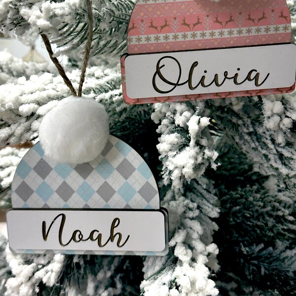Personalized Beanie Hat Ornament | Christmas Tree Decor | Toboggon Ornament with pom pom and name