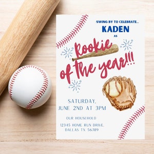 First Birthday Invitation Baseball Theme | Rookie of the Year Invite | Baseball Birthday Party | Editable and Downloadable Template