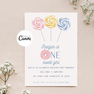 One SWEET Girl Birthday Party Invitation | First Birthday Invitation | Sweets Themed Birthday Party Invite | Editable and Instant Download
