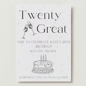 Twenty Great Birthday Invite | 28th Birthday Party Invitation | Woman&#39;s Twenty Eighth Birthday | Instant Download | Editable Invitation
