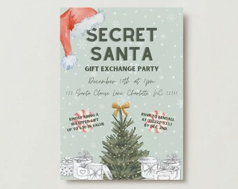 May include: A green and white invitation for a Secret Santa gift exchange party. The invitation features a Santa hat, a Christmas tree, and wrapped presents. The text on the invitation reads "Secret Santa Gift Exchange Party" and includes the date, time, and location of the party. It also includes instructions for guests to bring a wrapped gift up to $30 in value and RSVP information.
