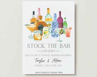 May include: A white invitation with a watercolor illustration of various bottles and glasses of alcohol. The text reads "Stock the Bar - 5-10-2024 - Join us for a couples shower honoring Taylor & Adam 6-10PM | 123 Lover Ave RSVP to Jen at (123)456-7890"
