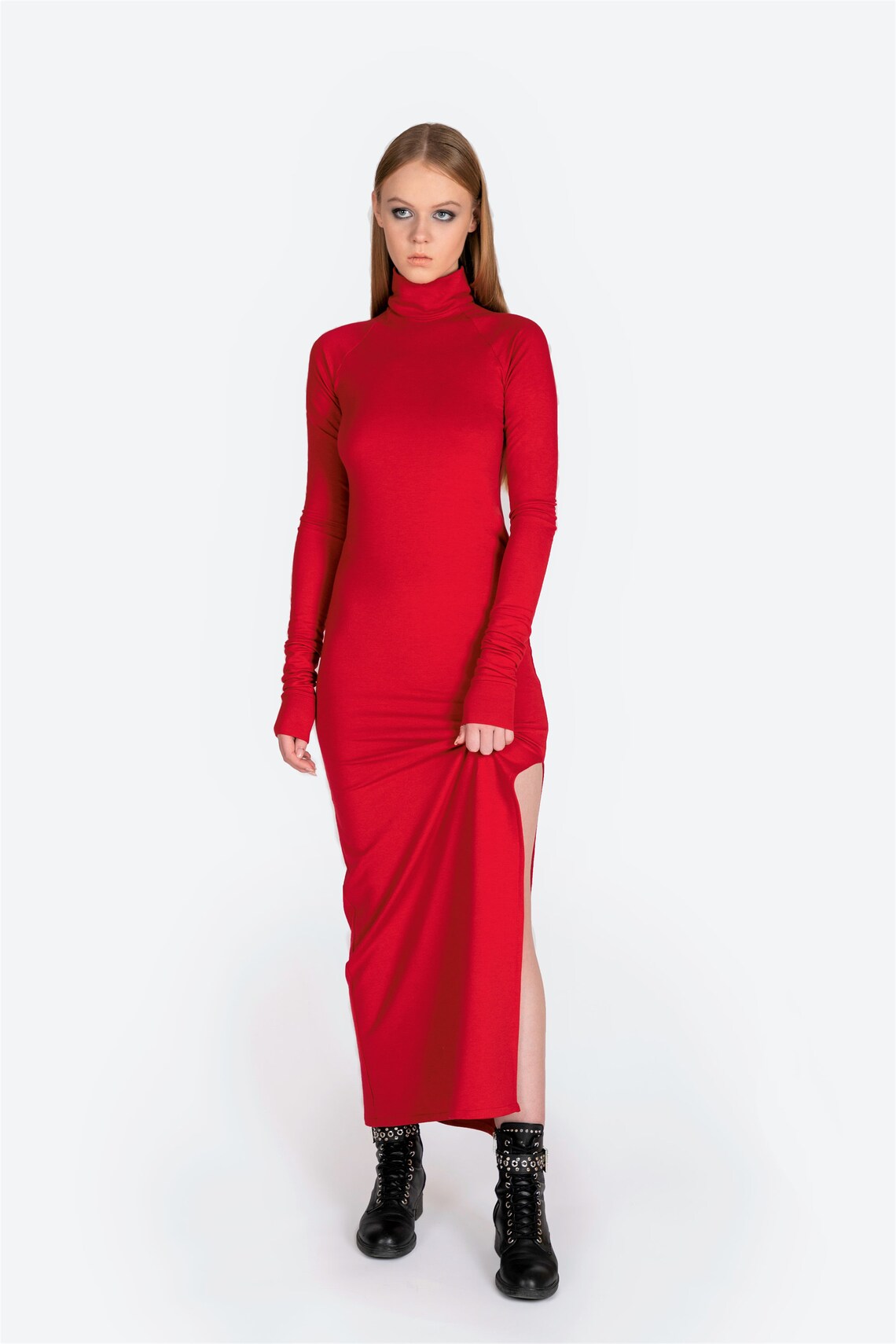 Long Red Turtleneck Dress With Extralong Sleeves Etsy