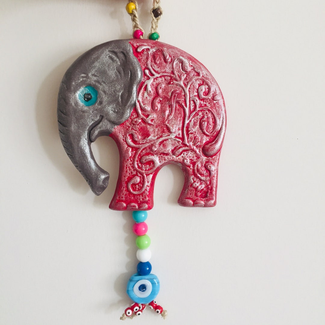 Red Ceramic Elephant / Elephant Wall Decor / Evil Eye / Ceramic