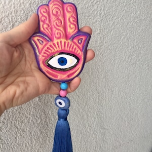 Ceramic Hamsa wall hanging / ceramic hamsa with evil eye , Ceramic Fatima Hand , Jamsa , Ceramic wall hanging , ceramic hand of fatima