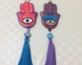 Ceramic Hamsa Wall Hanging: Evil Eye Fatima Hand Amulet