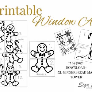 Puede incluir: Arte de ventana navideño imprimible con hombres de jengibre, bastones de caramelo y copos de nieve. El diseño incluye una torre de hombre de jengibre y hombres de jengibre individuales. El texto dice "Printable Window Art" y "XL Gingerbread Man Tower".