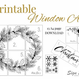 May include: Printable Christmas window art featuring a wreath, holly, snowflakes, and holiday greetings. The designs are black and white, suitable for printing on A4 paper. Includes the text "Printable Window Art" and "Merry Christmas".