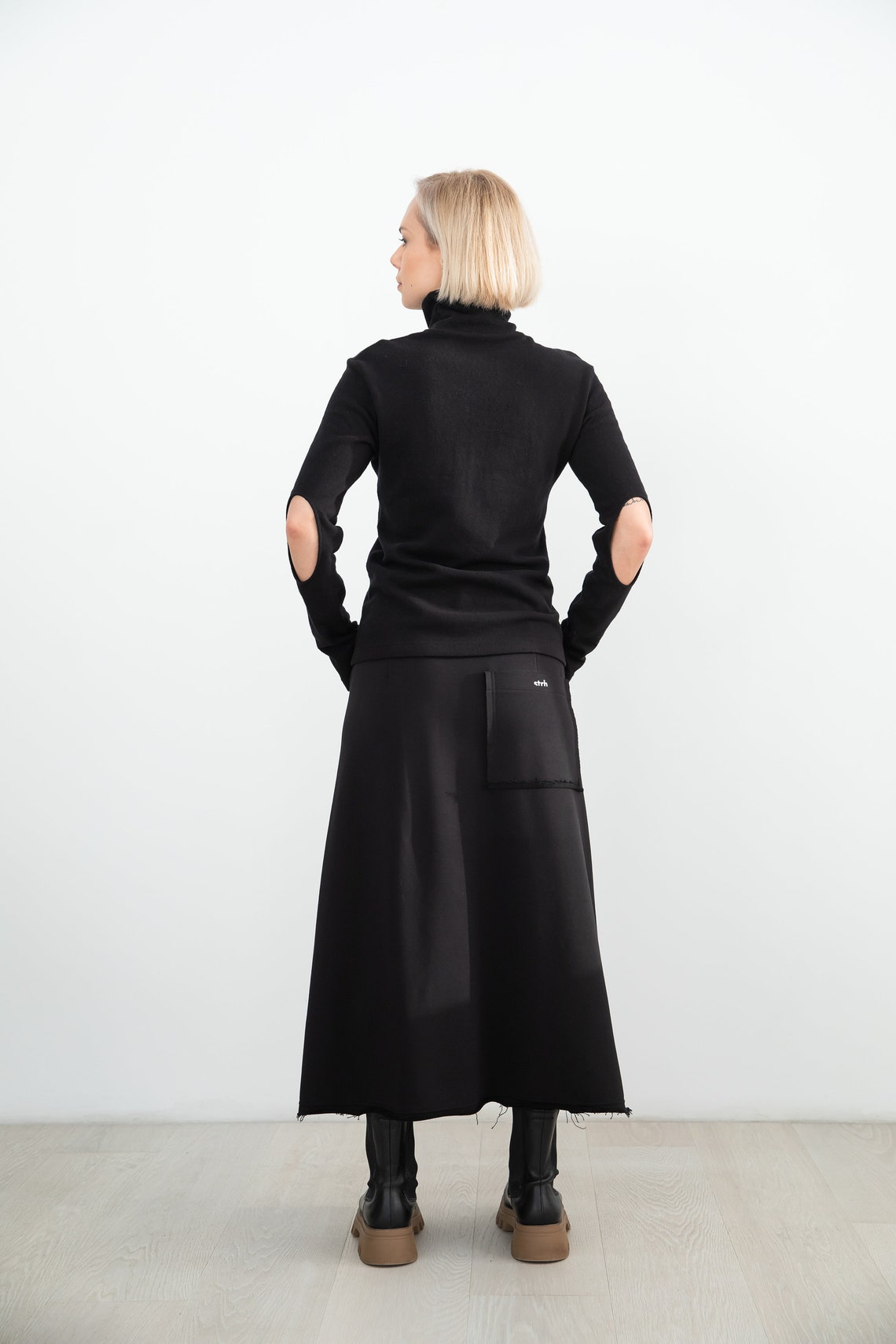 Women Black Long Skirt With Pockets, Premium Quality Italian Fabric