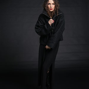 Lightweight Short Fur Coat with Wide Sleeves, High Neck and Zipper Closure image 4