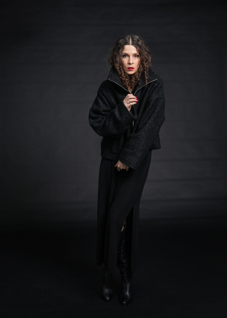 Lightweight Short Fur Coat with Wide Sleeves, High Neck and Zipper Closure image 4