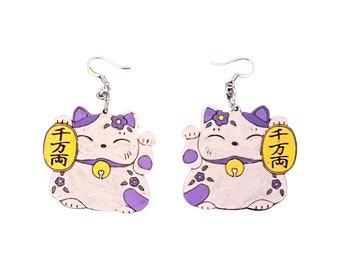 Hand Painted Maneki Neko ( Beckoning Cat) Earrings  (Choose Sterling or Stainless Hooks)