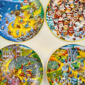 4 Cat Collector Plates by Bill Bell - Santa Claws, A Purrfect Harvest, Nature&#39;s Bounty & Beach Franklin Mint Heirloom Edition Fine Porcelain