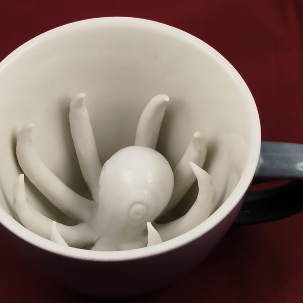 Creature Cup - Coffee Cup with Large Figural Octopus Inside - SURPRISE! - Grey & White Trompe l'oeil "Deceives the Eye"