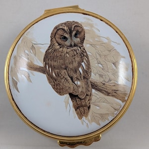 May include: A round, gold-toned metal trinket box featuring a white enamel lid decorated with a detailed brown illustration of an owl perched on a tree branch. The owl is depicted with intricate feather textures, and the surrounding foliage is rendered in soft, muted brown tones against the white background.