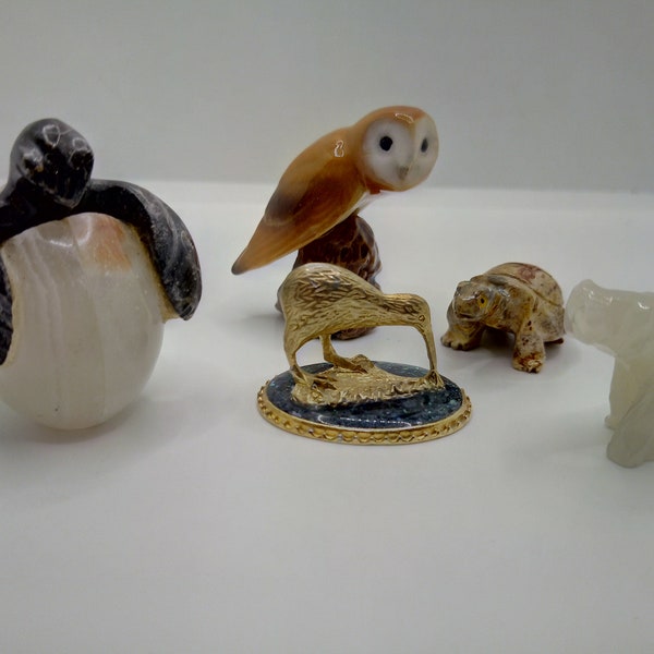 5 Vintage Animal Friends - A Grouping of Figurines - An Owl, Anteater, Turtle, Bear & Hatching Dinosaur?