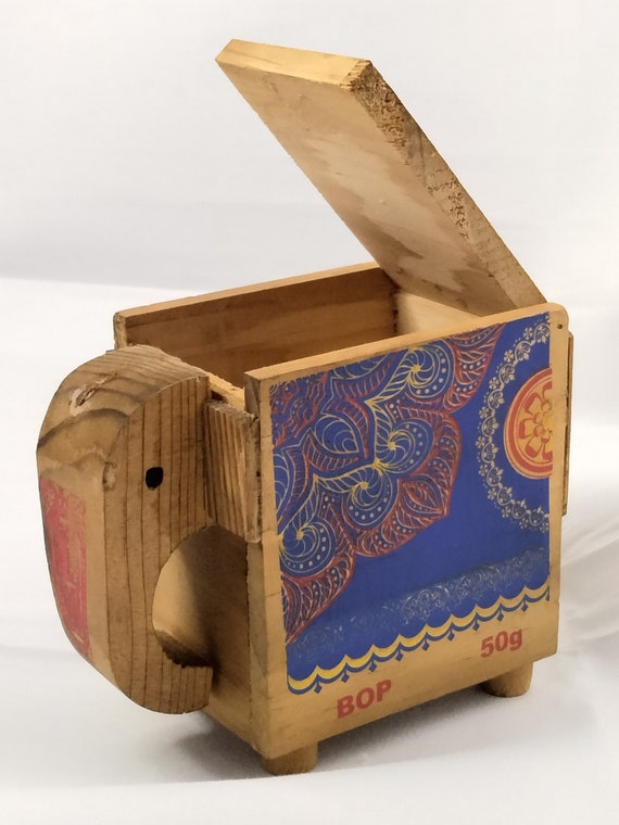 Handmade Painted Elephant Stash Box from Ceylon B… - image 1