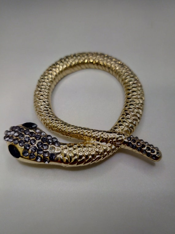 Vintage Rhinestone Jeweled Snake Pendant - Gold P… - image 3