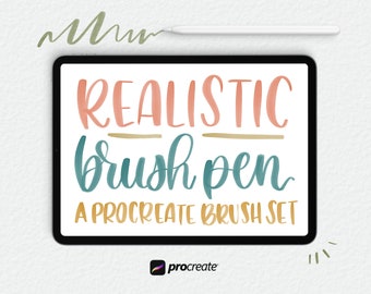 Könnte beinhalten: Eine digitale Illustration auf einem Tablet-Bildschirm, die "REALISTIC brush pen A PROCREATE BRUSH SET" in einer bunten, handgeschriebenen Schrift zeigt. Das Procreate-Logo befindet sich in der linken unteren Ecke.