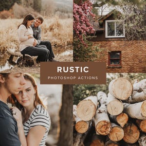 Può includere: Un collage che mostra una coppia seduta su un tronco, una casa in mattoni con una finestra, un primo piano di una coppia e una pila di tronchi. Il riquadro marrone centrale contiene il testo bianco RUSTIC PHOTOSHOP ACTIONS. Le immagini mostrano scene.