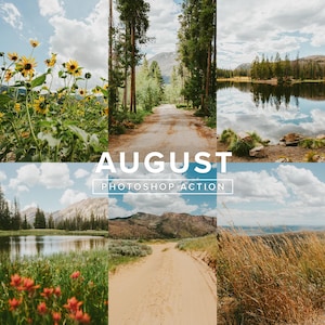 May include: A collage of scenic landscape photos with the word "AUGUST" and "PHOTOSHOP ACTION" in white text. The images include a field of sunflowers, a road through a forest, a lake, and a dirt path.