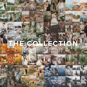 May include: A grid of photographs showcasing diverse scenes, such as couples, landscapes, and nature. The text "THE COLLECTION" and "PHOTOSHOP ACTIONS" are displayed in white, suggesting a collection of photo editing presets or actions.