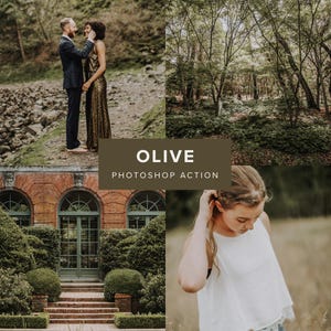 Puede incluir: Un collage de cuatro fotografías que muestra a una pareja con traje oscuro y vestido de lentejuelas doradas, un bosque denso, un edificio de ladrillo con ventanas arqueadas y vegetación, y una persona con top blanco, con el texto OLIVE PHOTOSHOP ACTION.